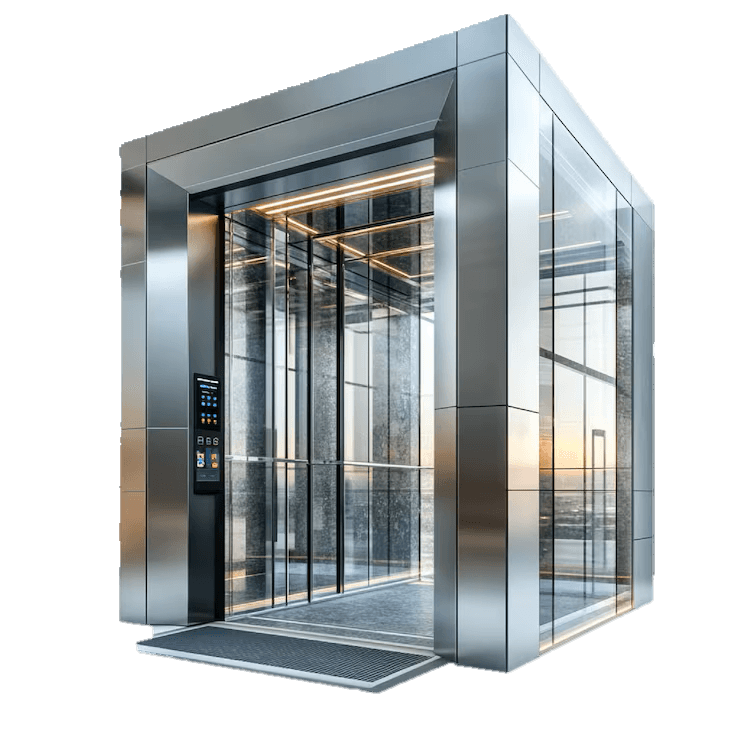 Modern glass-walled elevator cabin with a stainless-steel frame and a touchscreen control panel