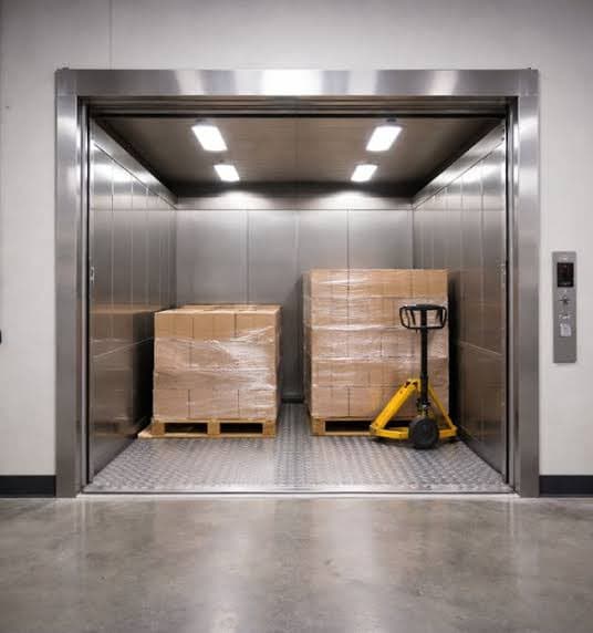 Tall red industrial freight lift inside a warehouse