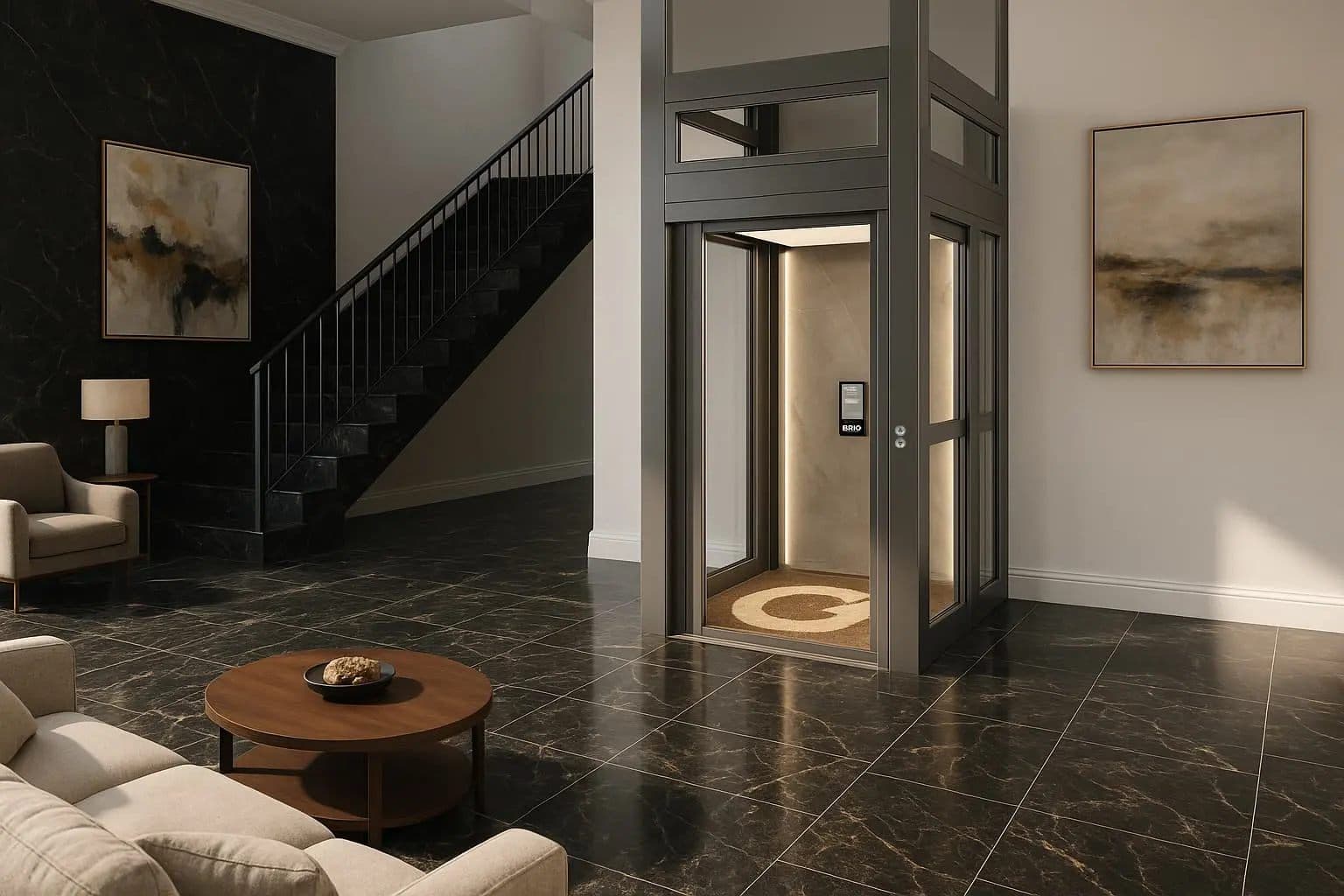 Compact glass home elevator installed beside a staircase in a living room