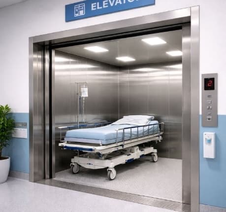 Stainless-steel hospital elevator with a patient stretcher inside