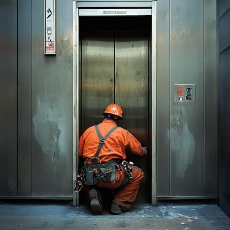 Technician in safety gear servicing an elevator entrance