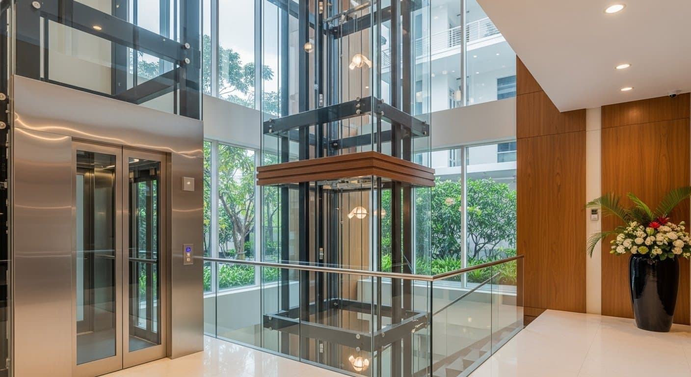 Upgraded glass panoramic elevator in a bright modern atrium